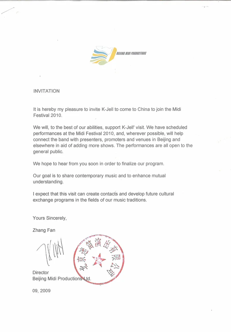 Invitasjon for K-Jell til Midi Beijing i Kina 2010
