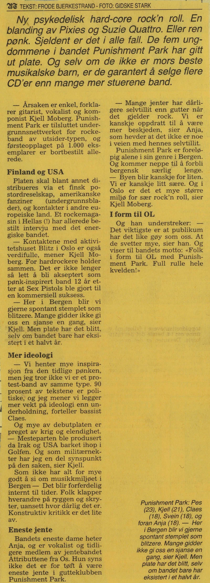Punishment Park - Punishment Pønk - Bergens Tidende august 1991 tekst Frode Bjerkestrand