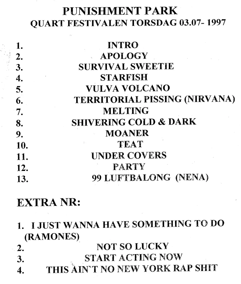 Punishment Park settliste Quart klubb konsert 1997